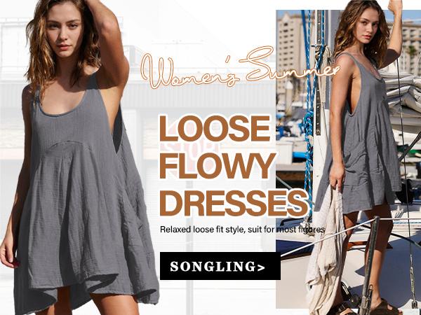 Women Casual Summer Dresses Sleeveless Crew Neck Backless Tunic Mini Dress Loose Flowy Tank Sundress with Pockets Boho Ruched Cut Womenswear