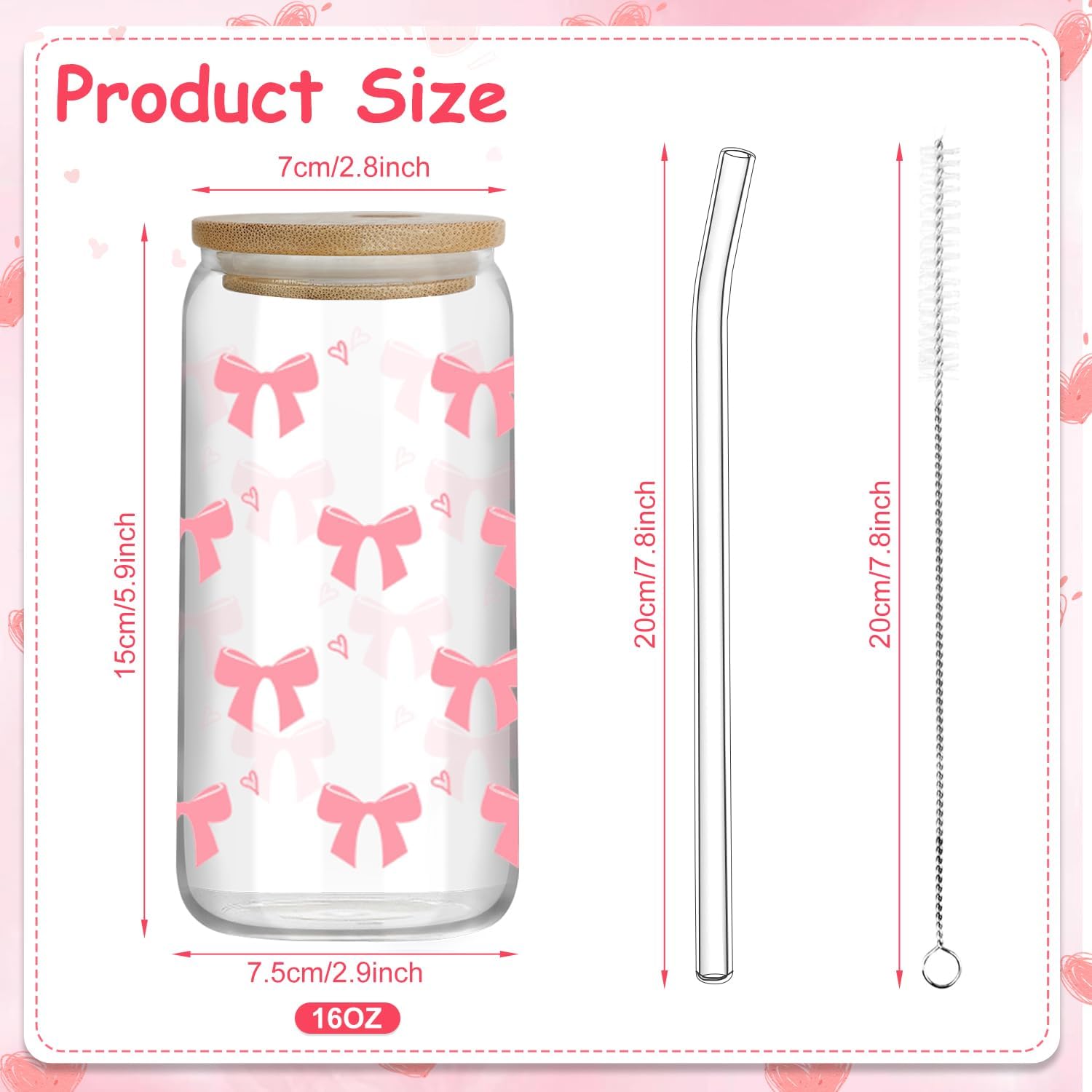 Pink Bow Glass Cups with Lids and Straws, 6 Set 16 OZ Coquette Bow Aesthetic Glass Reusable Iced Coffee Cup Smoothie Tumbler with Bamboo Lid, Reusable Straw & Cleaning Brush for Girls Women Sister