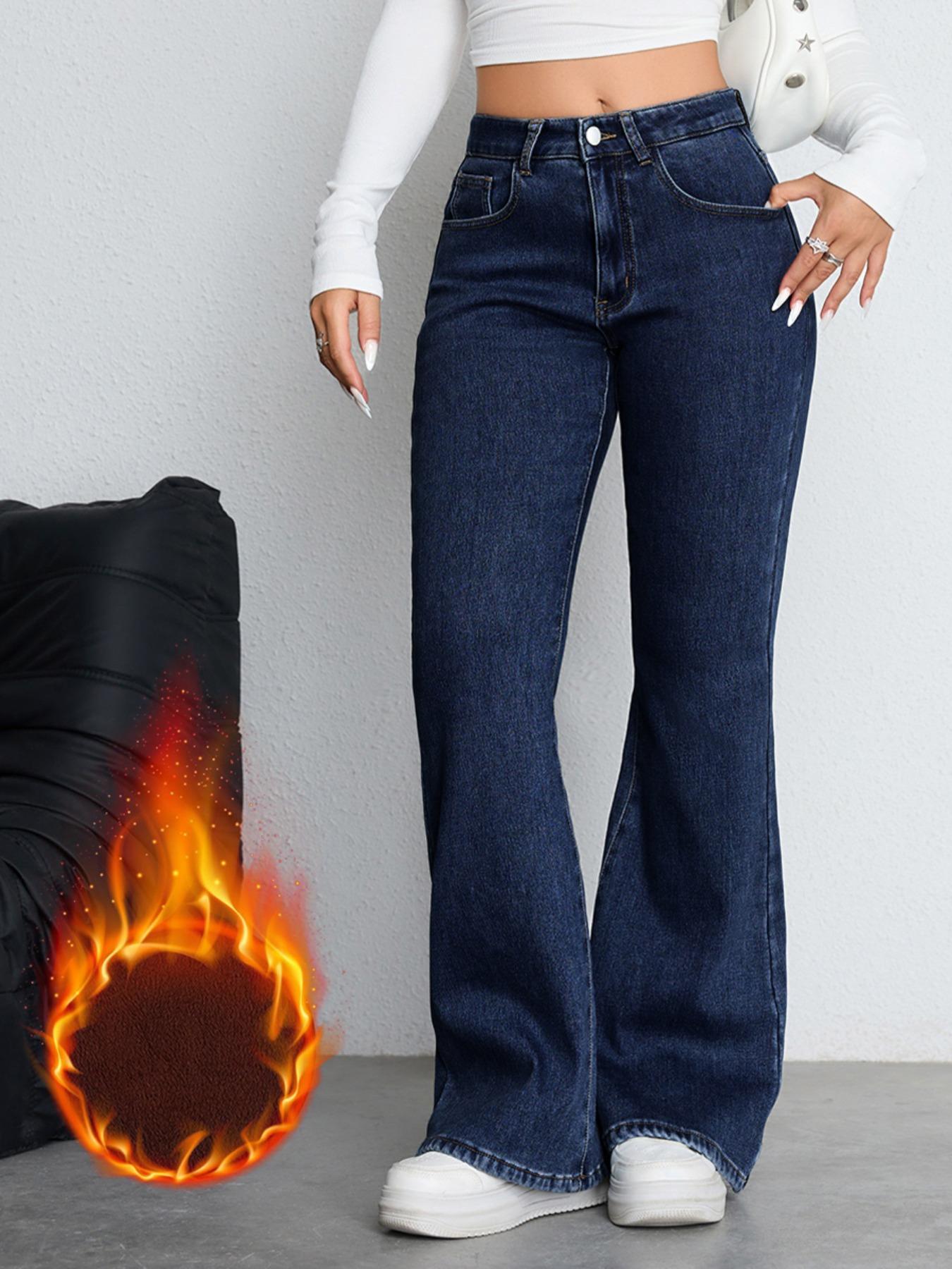 Women's Fleece Lined Thick Denim Flare Pants, Woven Comfortable Winter Fashion Jeans, Elegant Plain Design, All Seasons Wear
