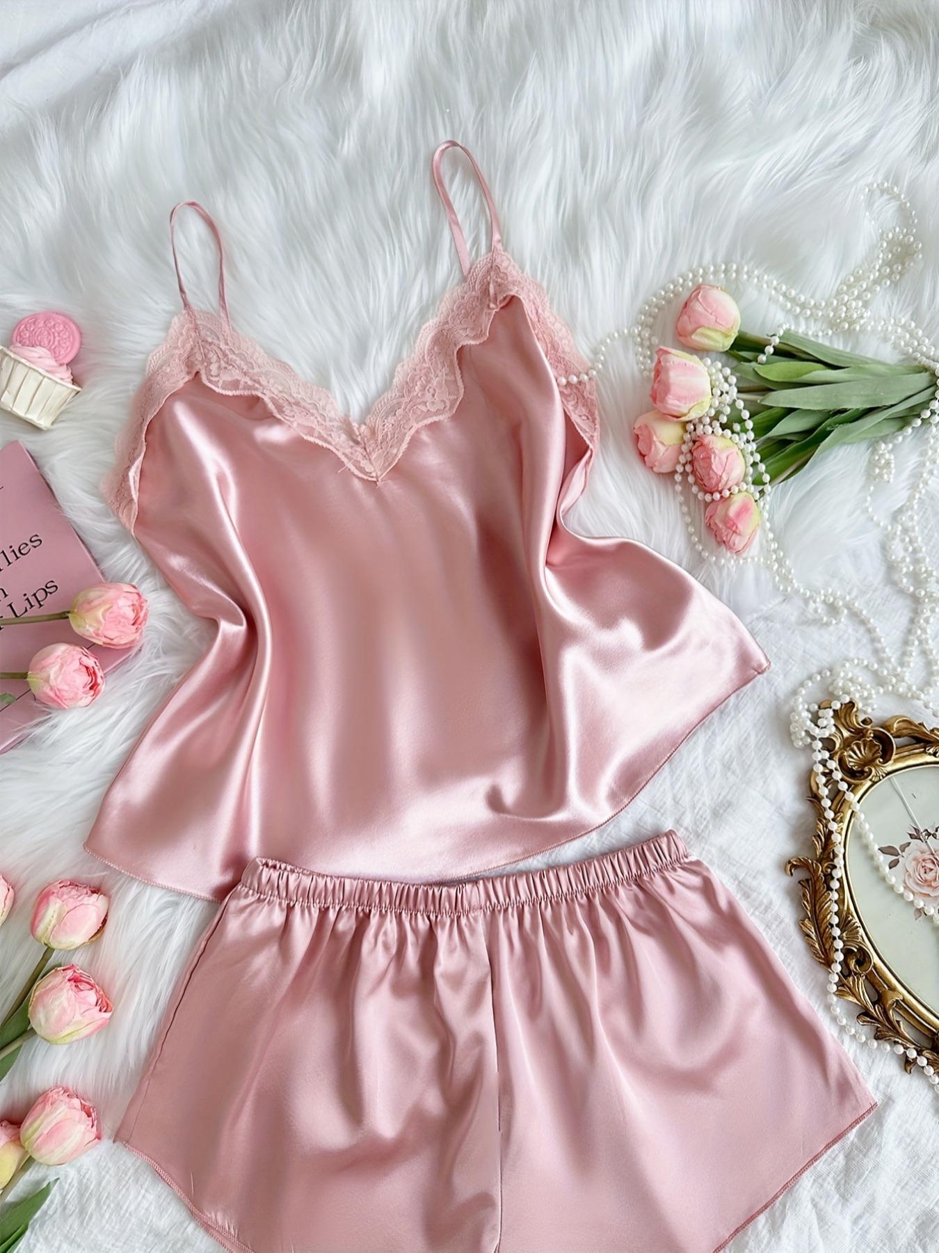 Luxurious Contrast Lace Satin Woven Fitted Pajama Set, Elegant Sleep & Leisure Wear, Comfortable Women's Nightwear, Stylish Design, Lingerie, Womenswear