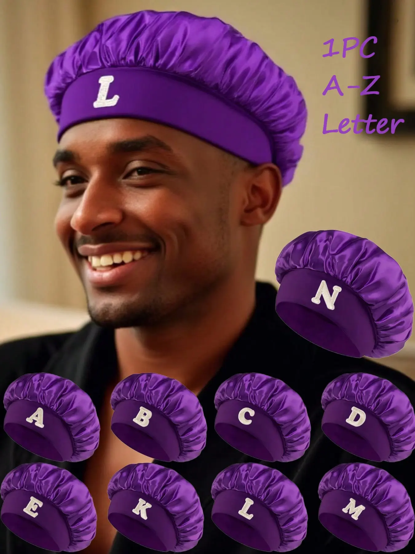 1PC Purple Customizable A-Z Letter Sleep Bonnet, Elastic Hair Care Head Cover, Multi-Purpose Daily Hair Care Head Wrap, For Home Beauty & Hair Maintenance, For Personal Use Or Gifting On Birthdays And New Year, Bonnets For Sleeping