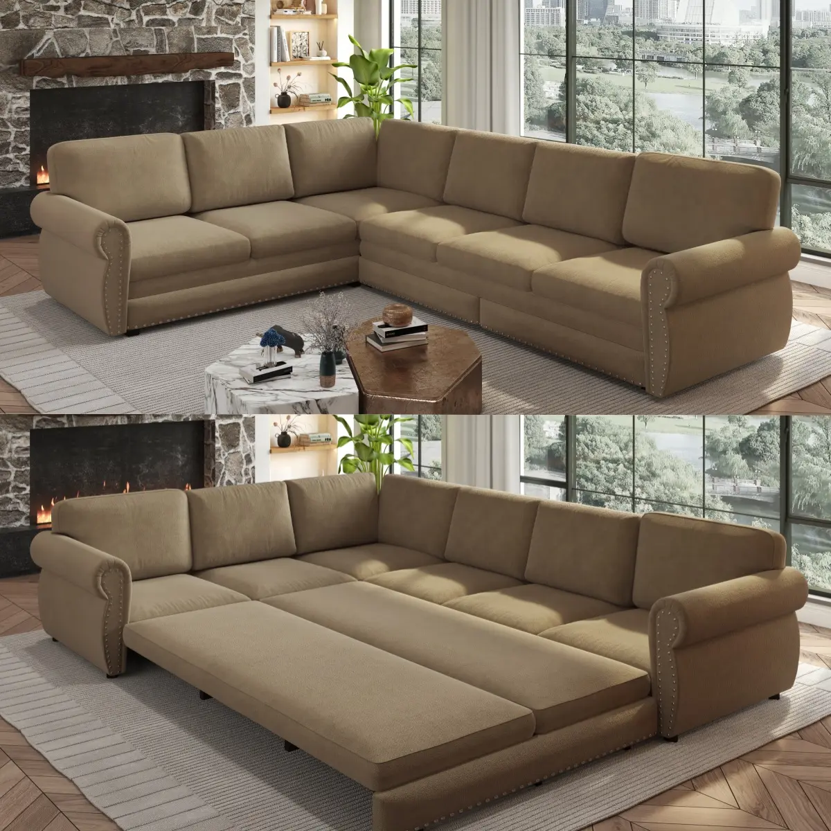 118" L-Shaped Sofa with Pull-Out Bed, Chenille Convertible Sleeper Sectional with Nailhead Trim and Rolled Arms, Camel