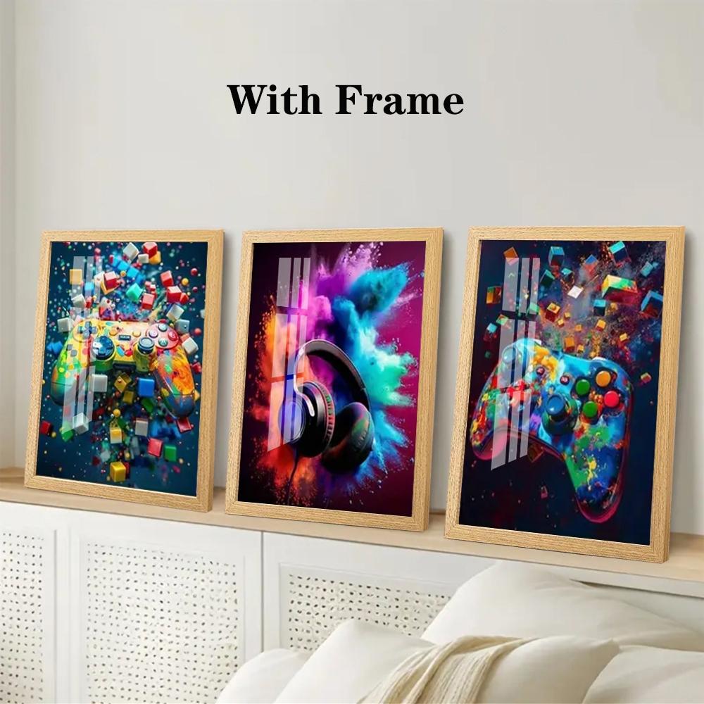 3-piece Color Game Art Set with Optional Wooden Frame Decoration - Vibrant Playstation Controller, Colorful Explosive Headphones, and Xbox Controller with Modern Dynamic Game Decoration, Perfect for Gaming Rooms or Teenage Bedrooms