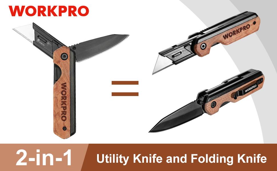 #JumpstartSale WORKPRO 2-in-1 Folding Knife/Utility Knife, Quick-Change Box Cutter with Belt Clip, Liner Lock, and G10 Handle, Extra 10 SK5 Blades Included