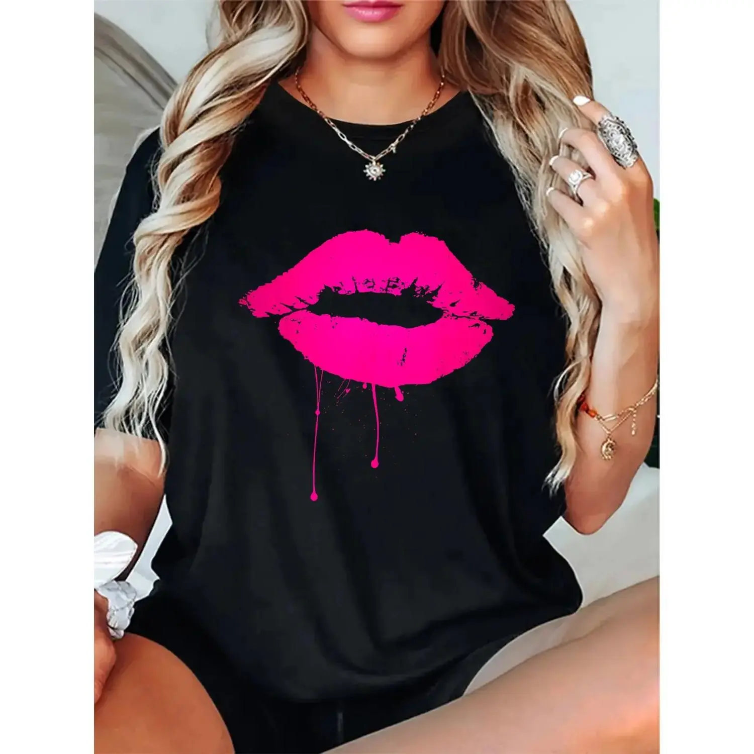 100% Cotton Sexy Pink Hot Lips T Shirt: Neon 80s Lipstick Kiss Party Tee Casual Short Sleeve Shirt