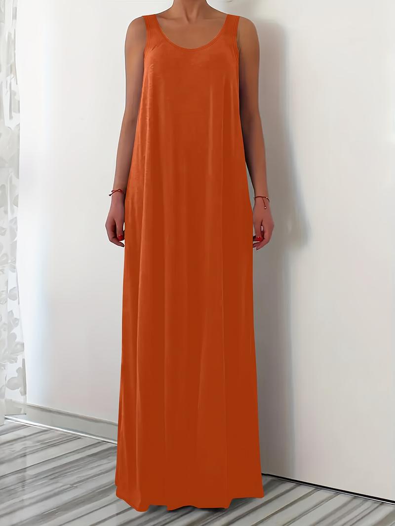 Elegant Plus Size Women's Sleeveless Round Neck Plain Vest Dress, Casual Home Wear, Comfortable Fit, Multiple Colors Available