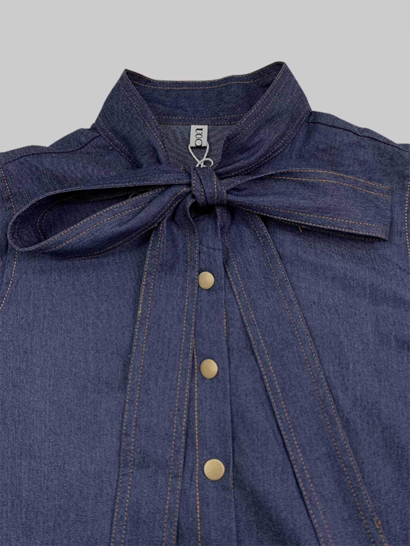 Women's Denim-effect Print Tie Neck Shirt, Chic Casual Long Sleeve Top for Daily Wear, Ladies Clothes for All Seasons