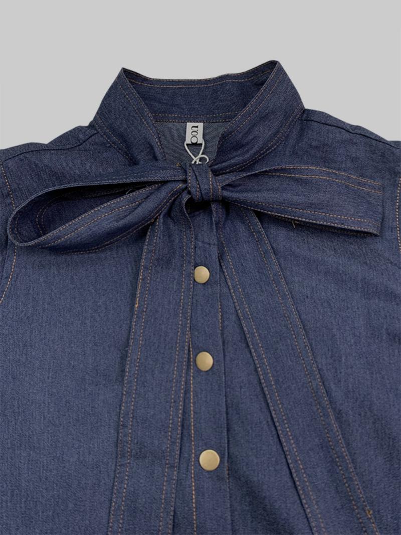 Women's Denim-effect Print Tie Neck Shirt, Chic Casual Long Sleeve Top for Daily Wear, Ladies Clothes for All Seasons