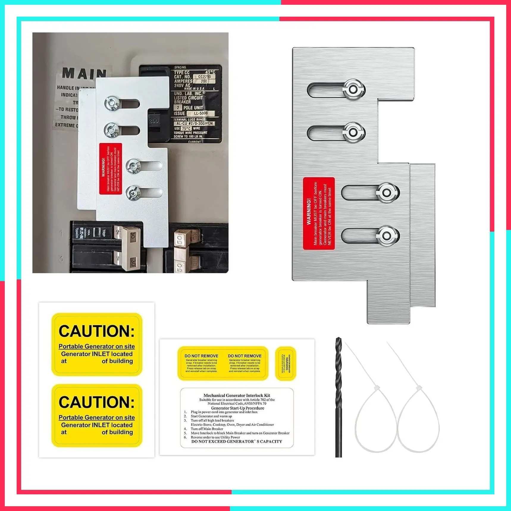 Generator Interlock Kit for Eaton Cutler Hammer CH Series CH5 150/200 Amp, 2 1/4" Main to GEN Breaker Spacing