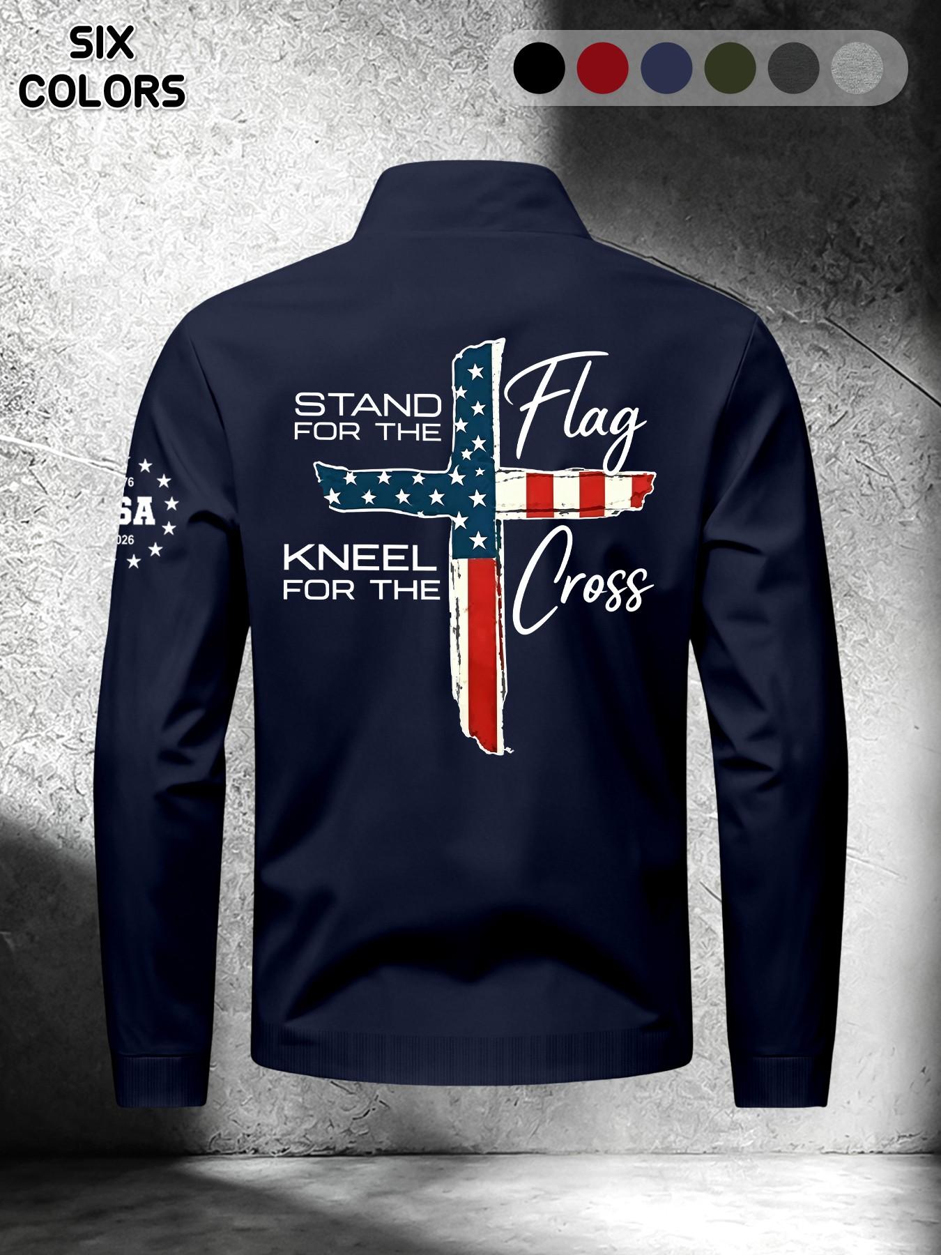 Men's Spring Summer Lightweight Stand Collar Long Sleeve Casual Jacket, American Flag Cross Faith Print, Dual Zipper Pockets, Daily Commute Outdoor Wear