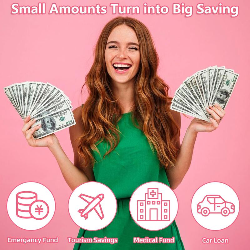 10000 Larger Size Savings Challenge Box for Adults Kids - Cash Vault Wooden Money Savings Box - Kakeibo Money Bank - Pink Wooden Cash Coin Piggy Bank with Counter and Dry Erase Pen