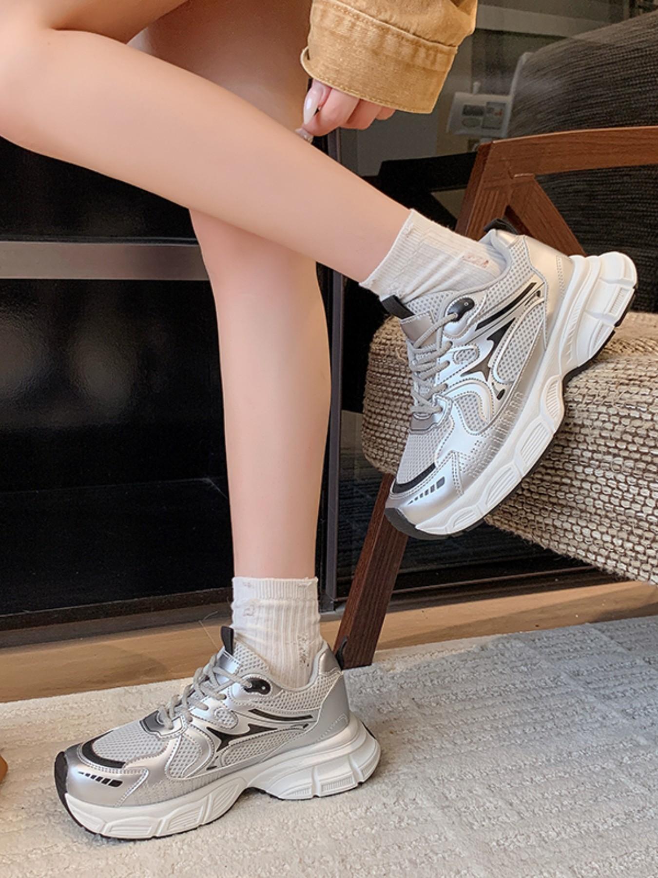 Women's Silver Patchwork Sneakers, Thick Sole Dad Shoes, Casual Round Toe, Medium Width, All Seasons, Multiple Colors Available