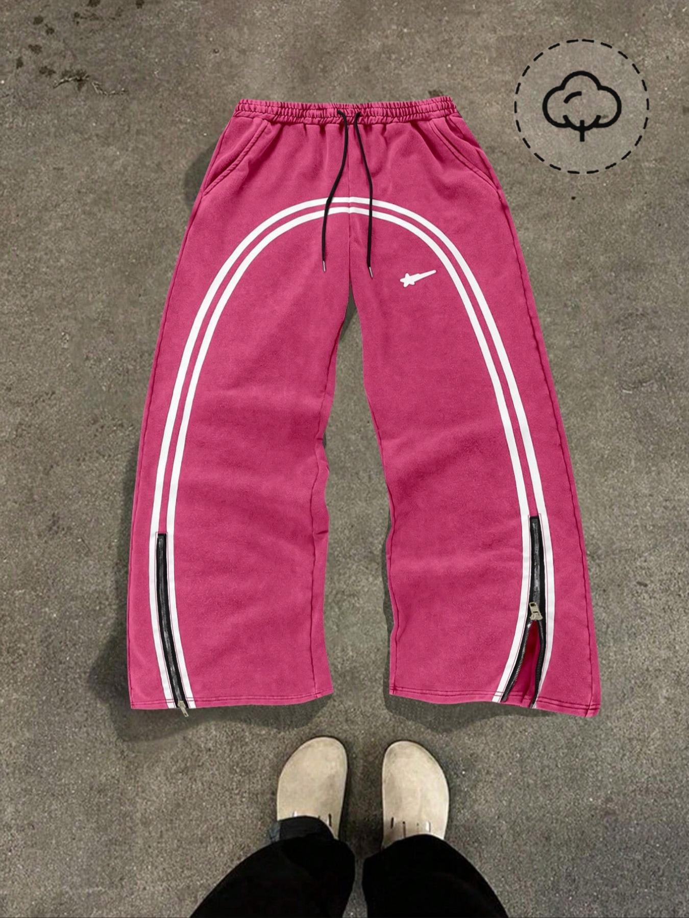 Men's Star & Striped Print Washed Distressed Drawstring Waist Sports Sweatpants, Regular Fit Casual Comfy Fashion Pocket & Zipper Design Pants for Fall & Winter, Sports Bottoms, Casual Athletic Pants, Athleisure Style Bottoms