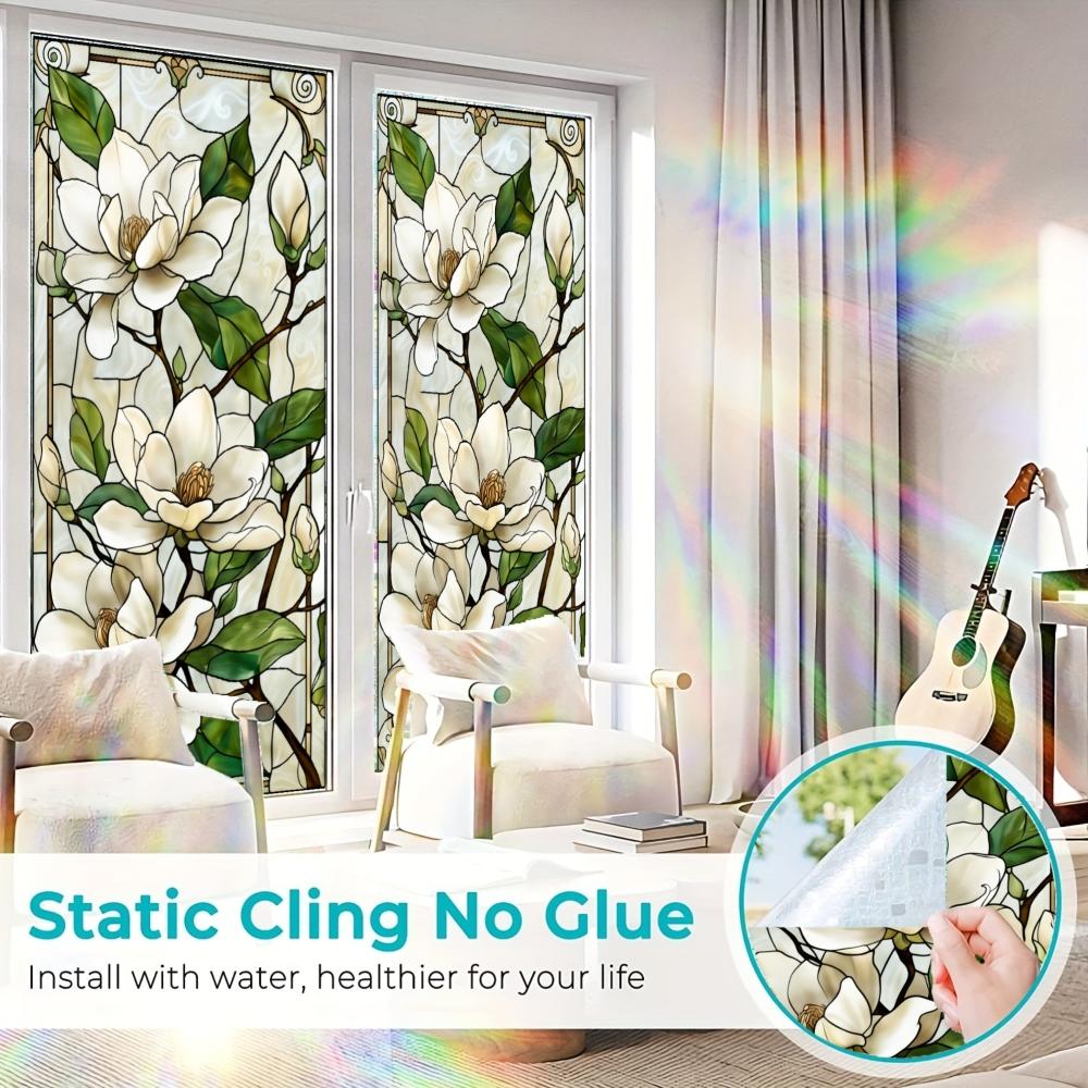 2D Flat Static Cling Magnolia Flower Pattern Rectangular Ornament For Window And Door Decor Removable Flower Window Clings