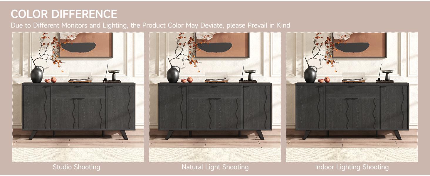 【Wavy Panel Design】ONBRILL 63" Sideboard Buffet Cabinet, Kitchen Buffet Storage Cabinet, Mid Century Modern Storage Cabinet with 4 Doors & Shelves, Wood Coffee Bar Console Wine Bar for Living Room, Kitchen,Hallway