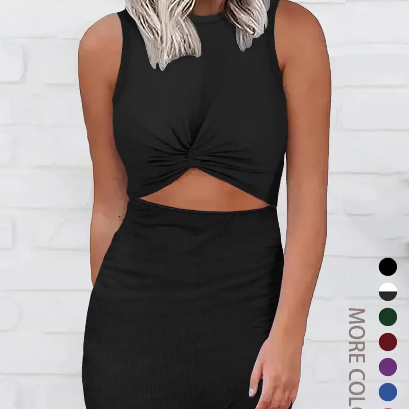 New Arrival Ribbed Round Neck Sleeveless Dress for Women, Hollow Out Short Dress, Sleeveless Cutout Dress, Plain Surface, Unlined, Lightweight Design, Summer