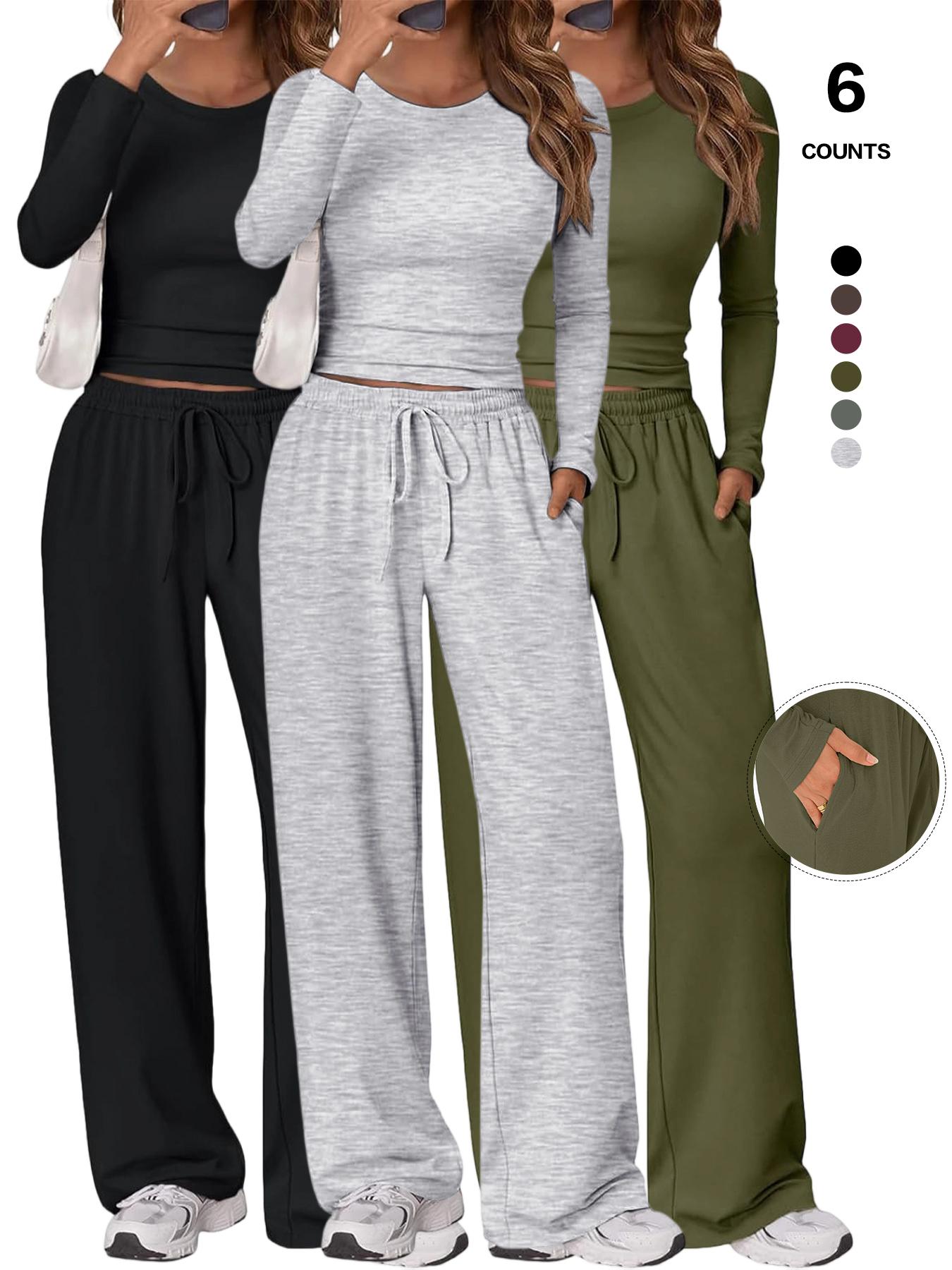 Women's 2 Piece Matching Lounge Set, Long Sleeve Slightly Crop Top & Wide Leg Pants, Casual Workout Set for Comfortable Wear