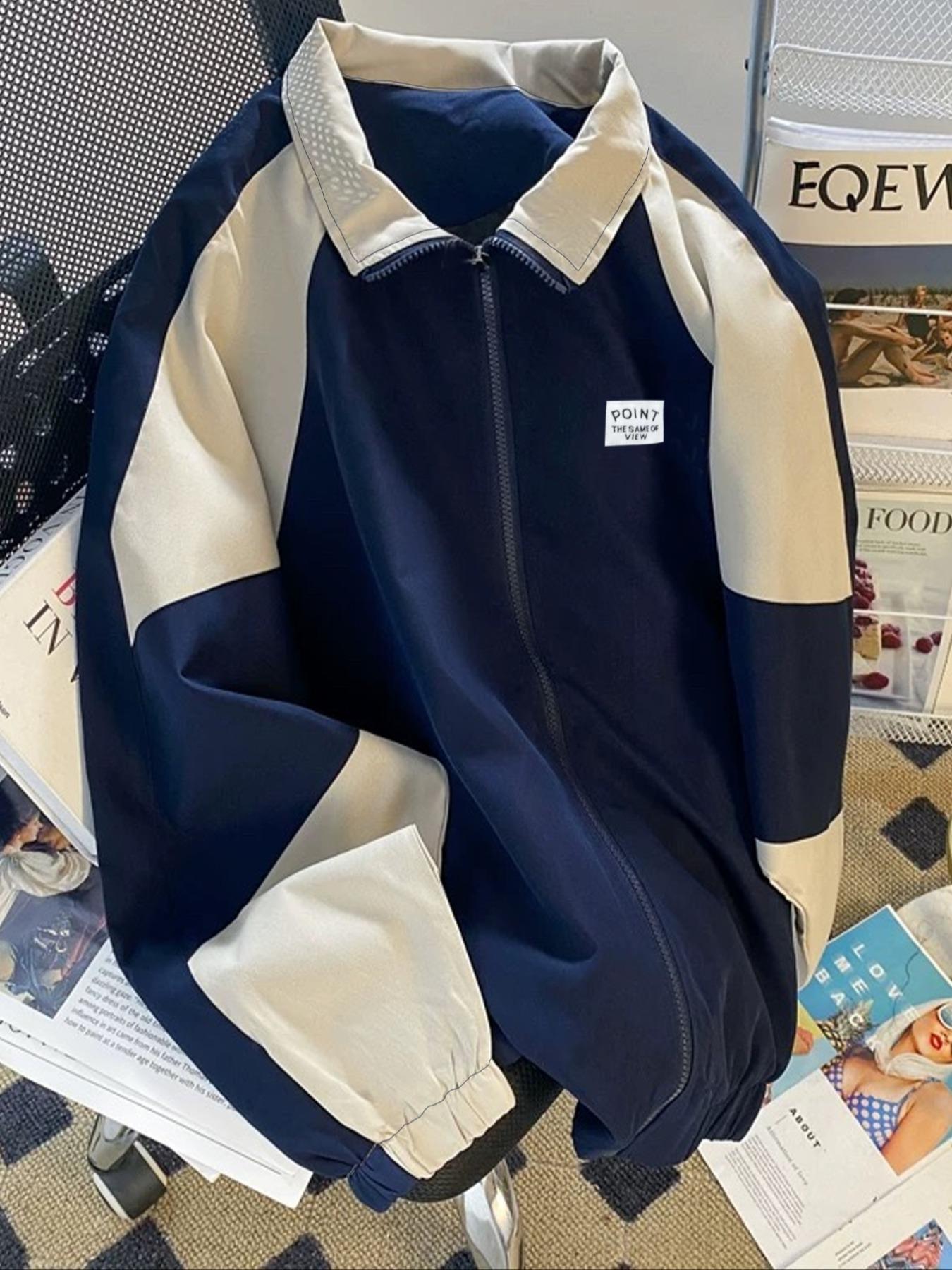 Men's Vintage Colorblock Collar Jacket Coats, Casual College Style Outerwear, Trendy Simple Men's Essential Baseball Vest