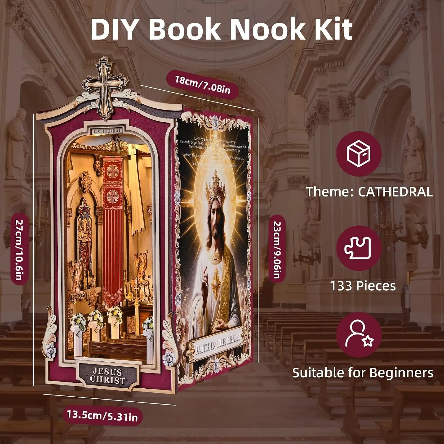 Book Nook Kit, Simple Booknook Bookend, Miniature Dollhouse House Kit | DIY 3D Wooden Puzzle for Beginner, Model Building with LED Light and Dust Cover,Jesus Christ Church Cathedral, Protective Dust Cover, Miniature Set
