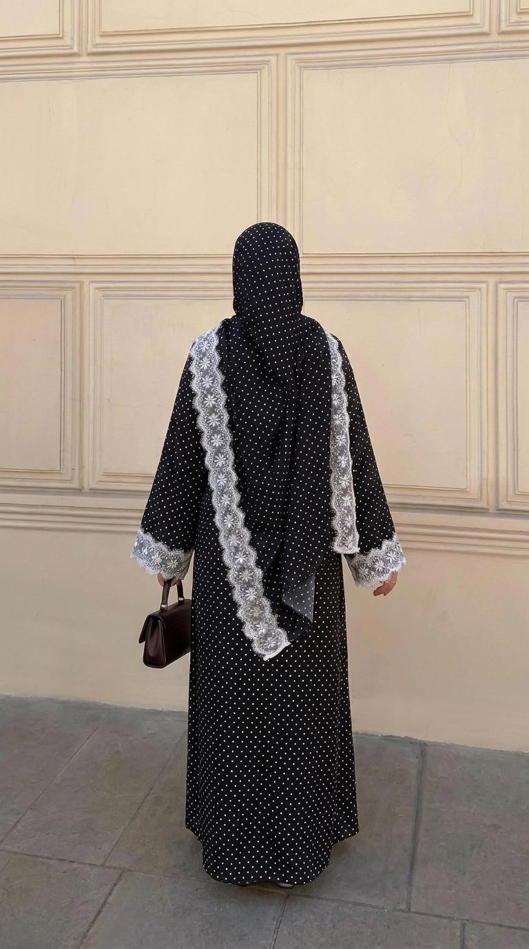 CL84 Elegant polka‑dot open abaya with matching hijab, delicate floral lace trim, soft premium‑quality fabric. White‑black and black‑white lace versions. Great for daily and formal occasions, ideal modest wear for hijabi women.