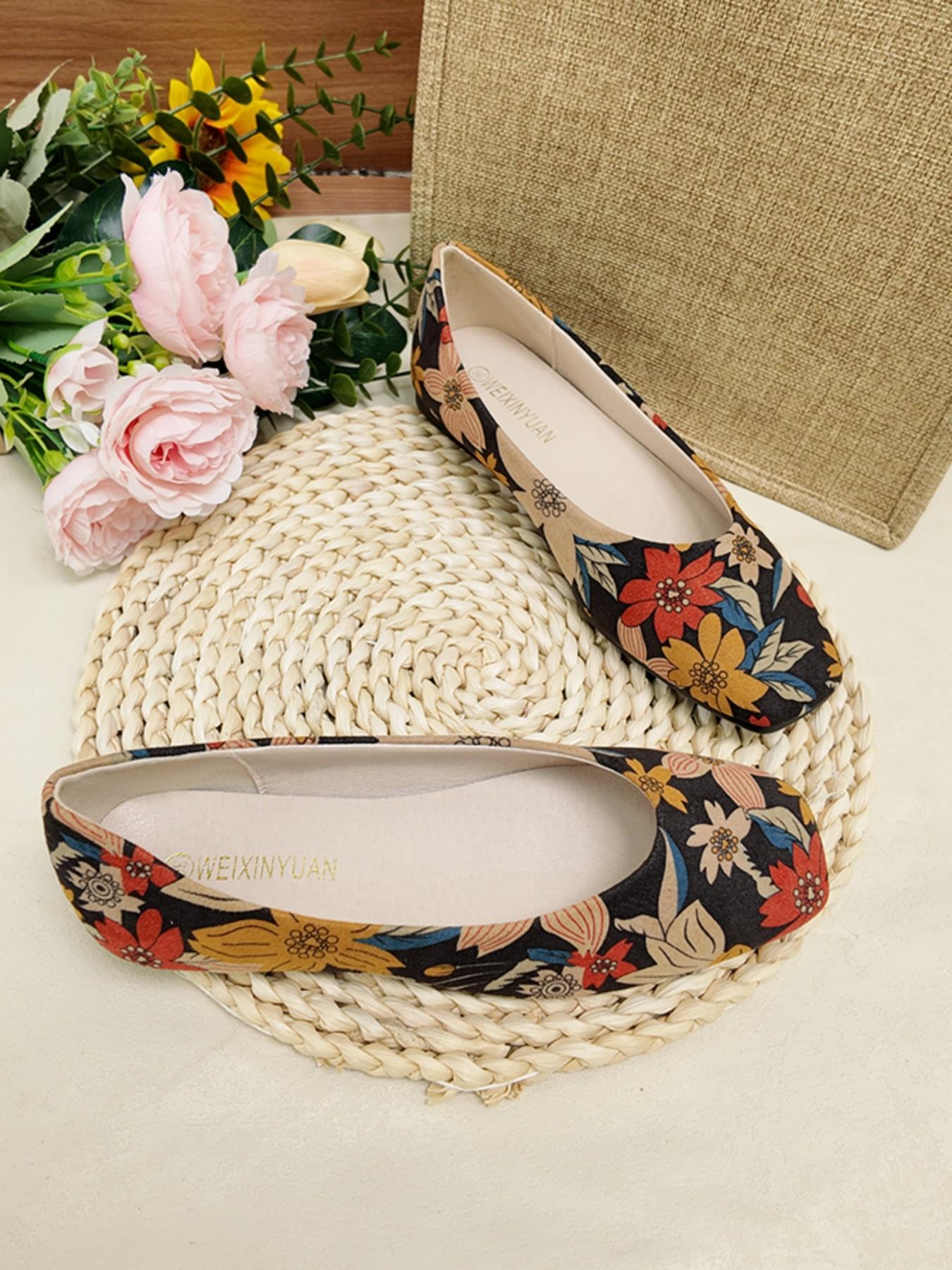 2026 Spring Summer New Square Toe Floral Low Top Shoes for Women, Soft Sole Casual Slip-On, Comfortable for All Seasons