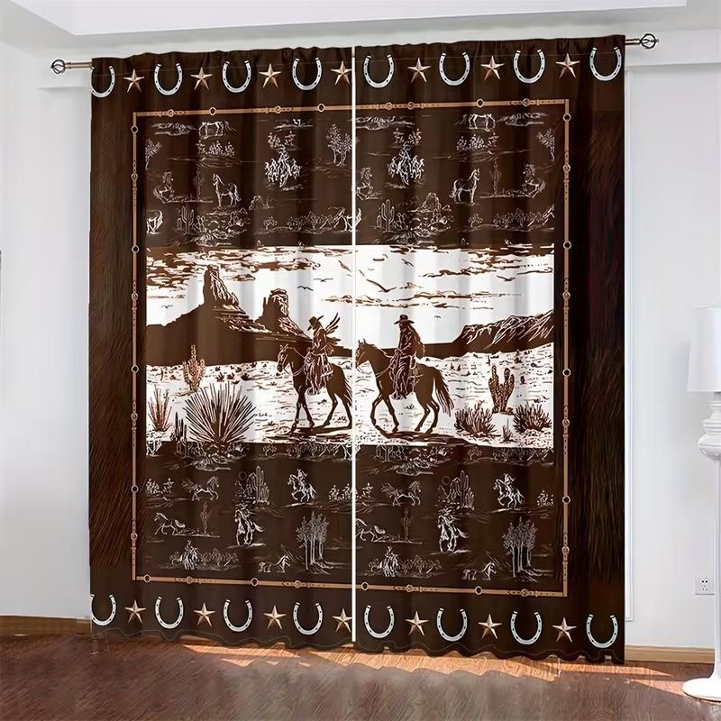 2 pieces of high-definition digital 2 Western-style cactus and palm brown design printed curtains. Made of polyester, semi-transparent, machine washable, suitable for bedrooms, living rooms and home decoration curtains.