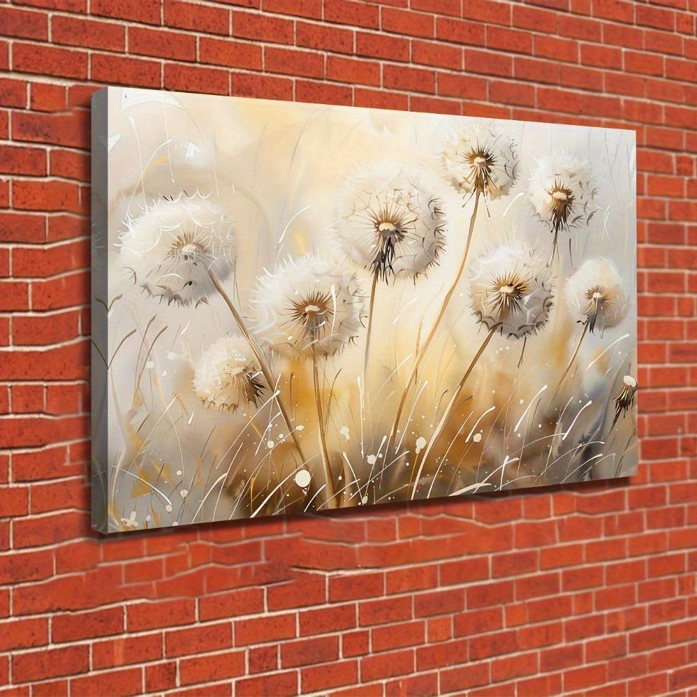 JIT 1PC ,Vintage-Inspired Dandelion Flowers Canvas Wall Art - Soft Beige  Golden Tones, Large  Framed Floral Painting, Ready to Hang for Bedroom, Living Room, Kitchen, Bathroom Decor - Perfect Holiday  Family Gift, Living Room Art