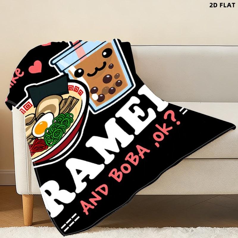 Cute Ramen & Boba Themed Throw Blanket, Single - Sided Printed, Multiple Specifications Available, Perfect for Nap/Relaxation, Soft Cozy Fabric, Adorable Design for Ramen & Boba Lovers
