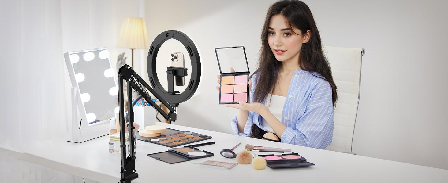 Overhead Camera Mount with Selfie Ring Light and Phone Holder, 10" LED Ring Light for Desk with Stand and Remote for iPhone,Phone Tripod with Light for Video Recording Vlog TikTok Live Stream Cooking Overhead Camera Mount with Selfie Ring Light and Phone Holder, 10" LED Ring Light for Desk with Stand and Remote for iPhone,Phone Tripod with Light for Video Recording Vlog TikTok Live Stream Cooking