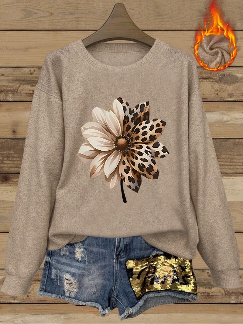 [Autumn and Winter] Leopard print flower print women's casual and fashionable round neck faux wool top, women's round neck faux wool top, letter, pattern comfortable round neck faux wool top, suitable for autumn and winter season