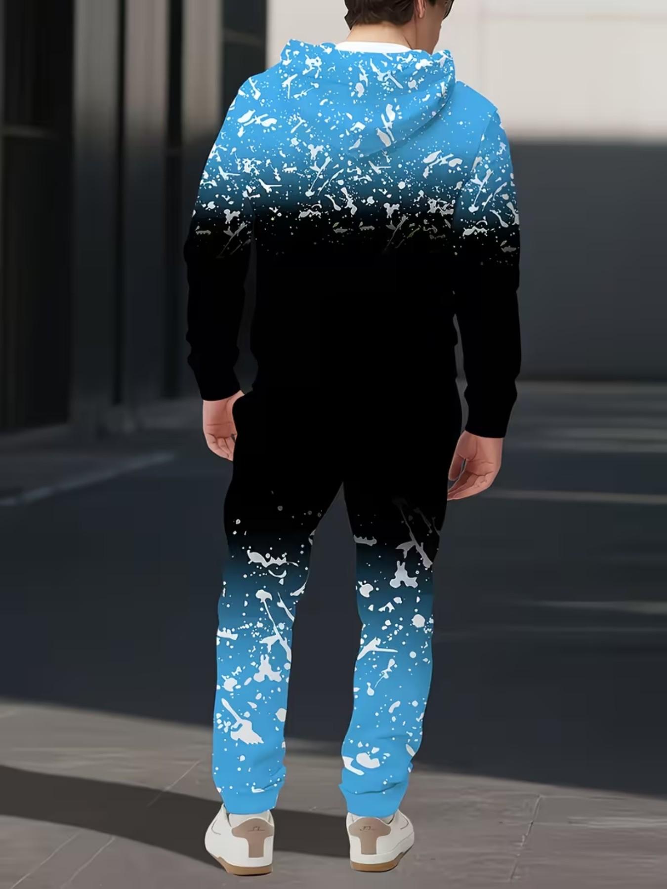 Men's 3D Digital Print Gradient Hoodie Set, Loose-Fit Long Sleeve Sweatshirt and Pants, Casual All-Season, Perfect Gift, Hooded Sweatshirt Set, Menswear