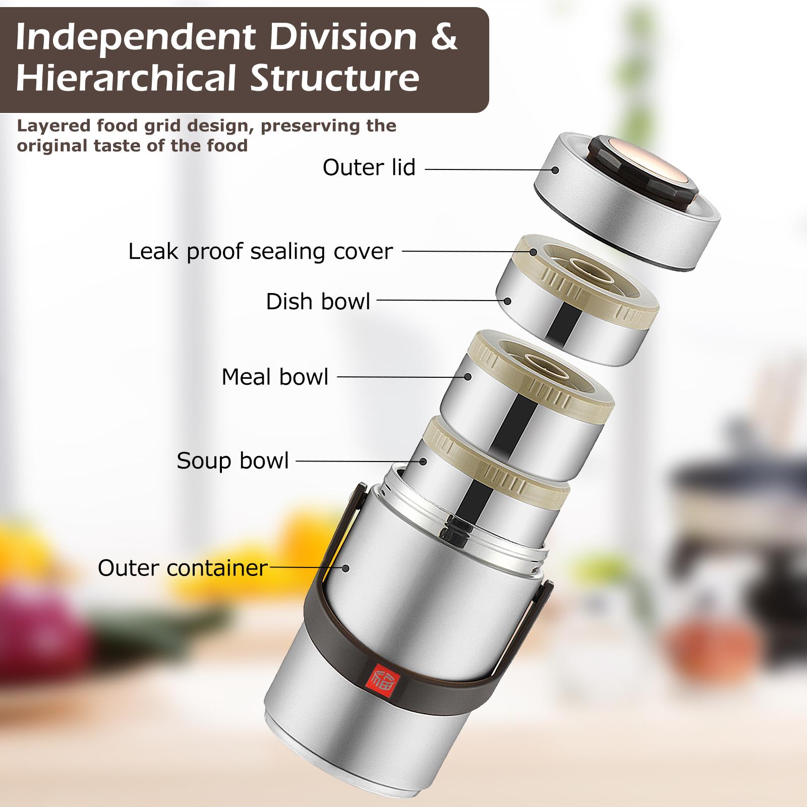 SUNDAY MIRTH 3-Tier Stackable Insulated Food Jar 2.3L Bento Lunch Box Stainless Steel Food Container for School Office Picnic