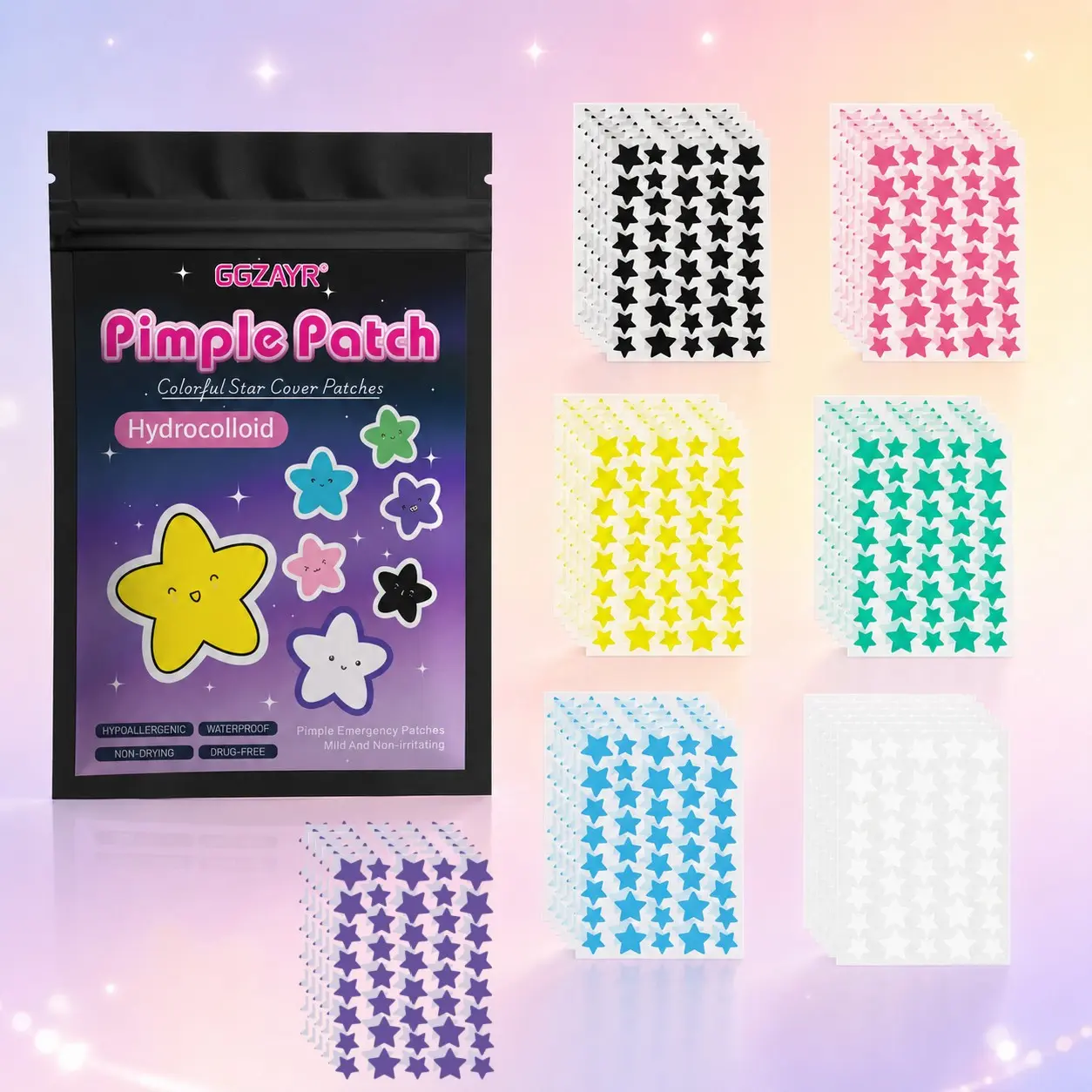 1680pcs 7-Color Star Cute Pimple Patches in Black, Pink, Yellow, Mint, Blue, Purple and Clear, Multi-Sheet Blemish Cover Set for Daily Skincare, Makeup Prep, Travel, School, Birthday Parties, Music Festivals, Holiday Gifts and Friend Sharing