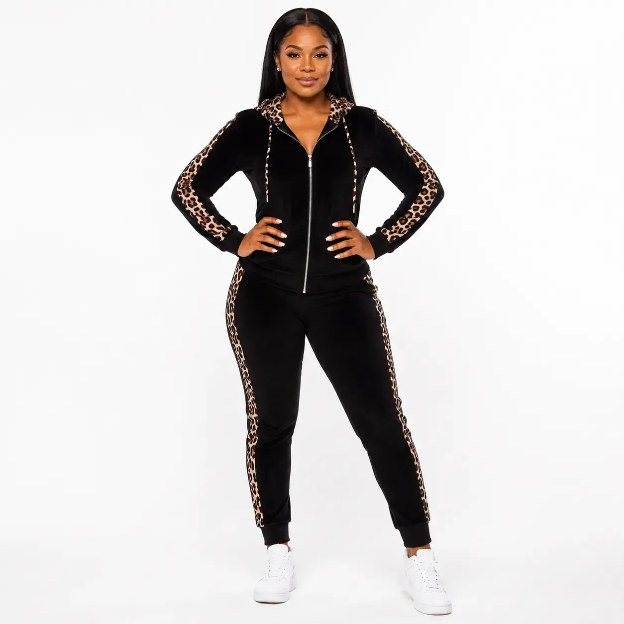 Women Black Soft Fabric Leopard Print Stripe Hooded Zip Jacket & Jogger Pants 2 Piece Tracksuit, Slim Fit Streetwear Casual Lounge Vacation Matching Outfit