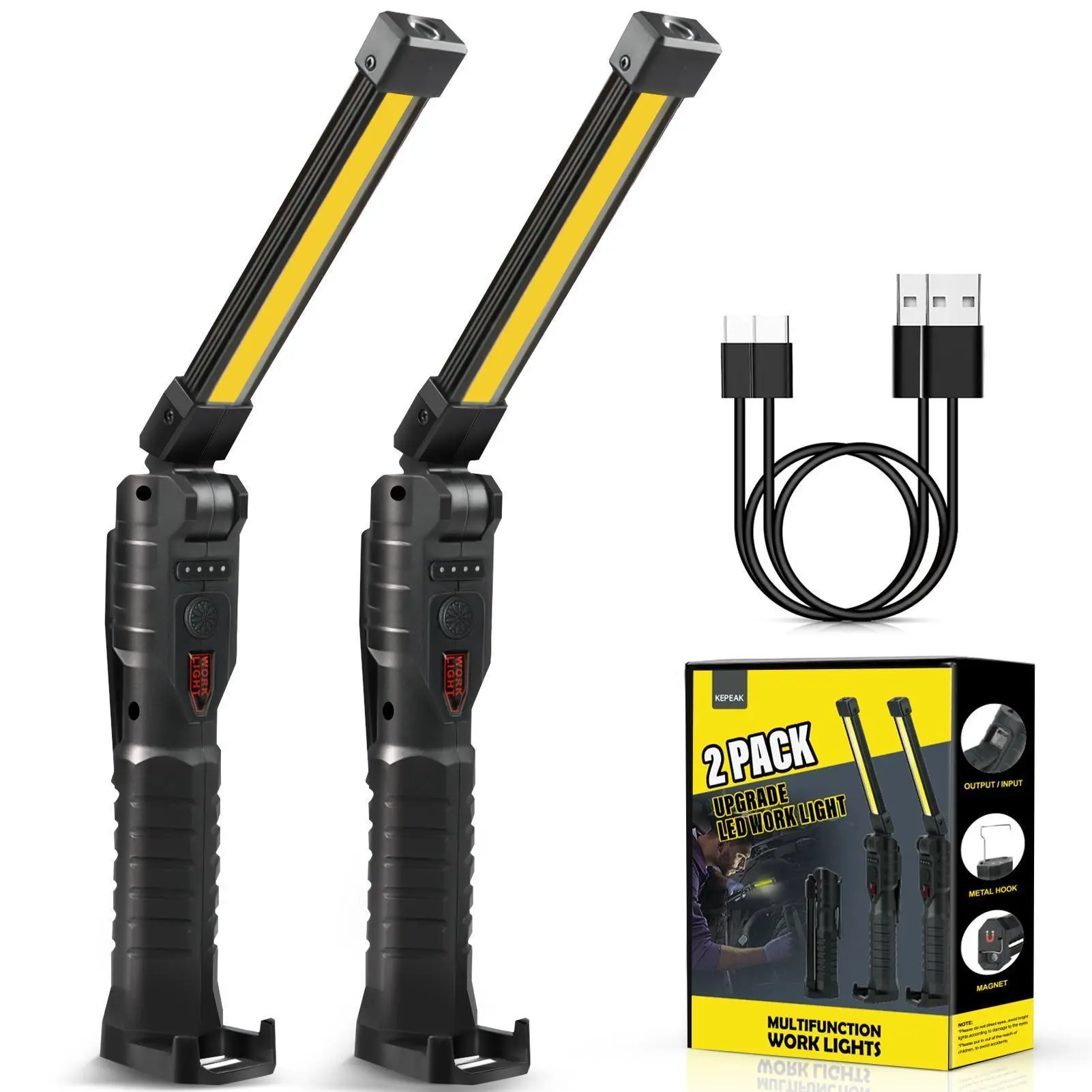 【BackToSchool】USB-C Rechargeable LED Work Flashlight (1Pack/2Pack) - Compact Foldable Adult Home Improvement Portable Light with Magnetic Base, Hook, 360° Rotation, 5 Modes, Included Batteries, Ideal for Car Repairs, Garage, Patrol, Cave, Defense