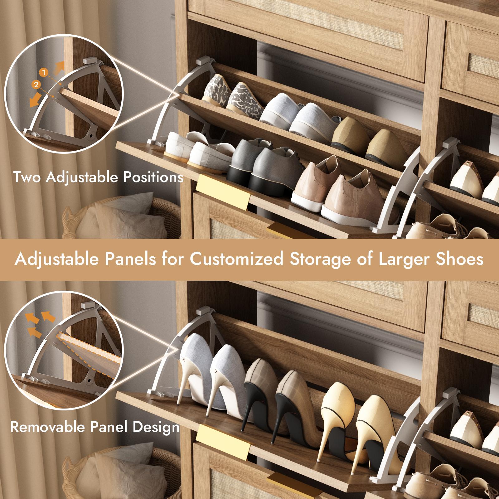PieDle Furniture Oversized Rattan Shoe Storage Cabinet with 4 Flip Drawers & 2 Drawers – Hidden Slim Shoe Organizer for Entryway, Large Tabletop Space, Farmhouse Boho Narrow Shoe Rack PieDle Furniture Oversized Rattan Shoe Storage Cabinet with 4 Flip Drawers & 2 Drawers – Hidden Slim Shoe Organizer for Entryway, Large Tabletop Space, Farmhouse Boho Narrow Shoe Rack