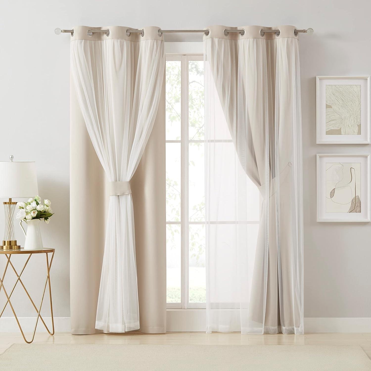French Romantic Aesthetic Two-Layer Cloth Light-Blocking Finished Product Curtain, Fashionable Hole Drapery for Living Room, Stylish and Trendy Window Covering