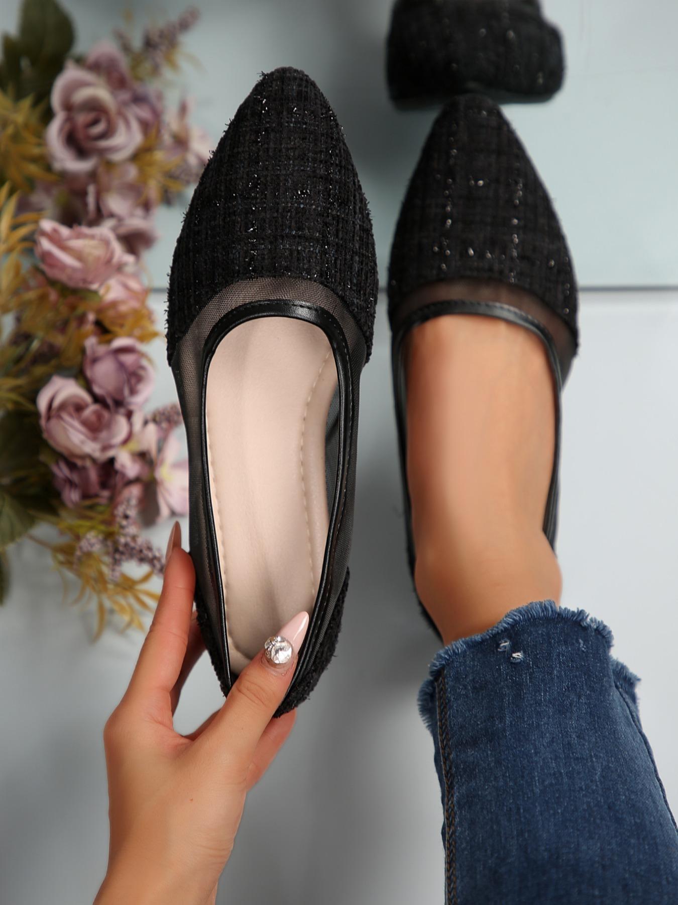 Women's Casual Slip-On Soft Sole Flats Size 36-42, Comfortable All Season Shoes, Breathable Mesh Patchwork Design, Pointed Toe Low Heel, Footwear