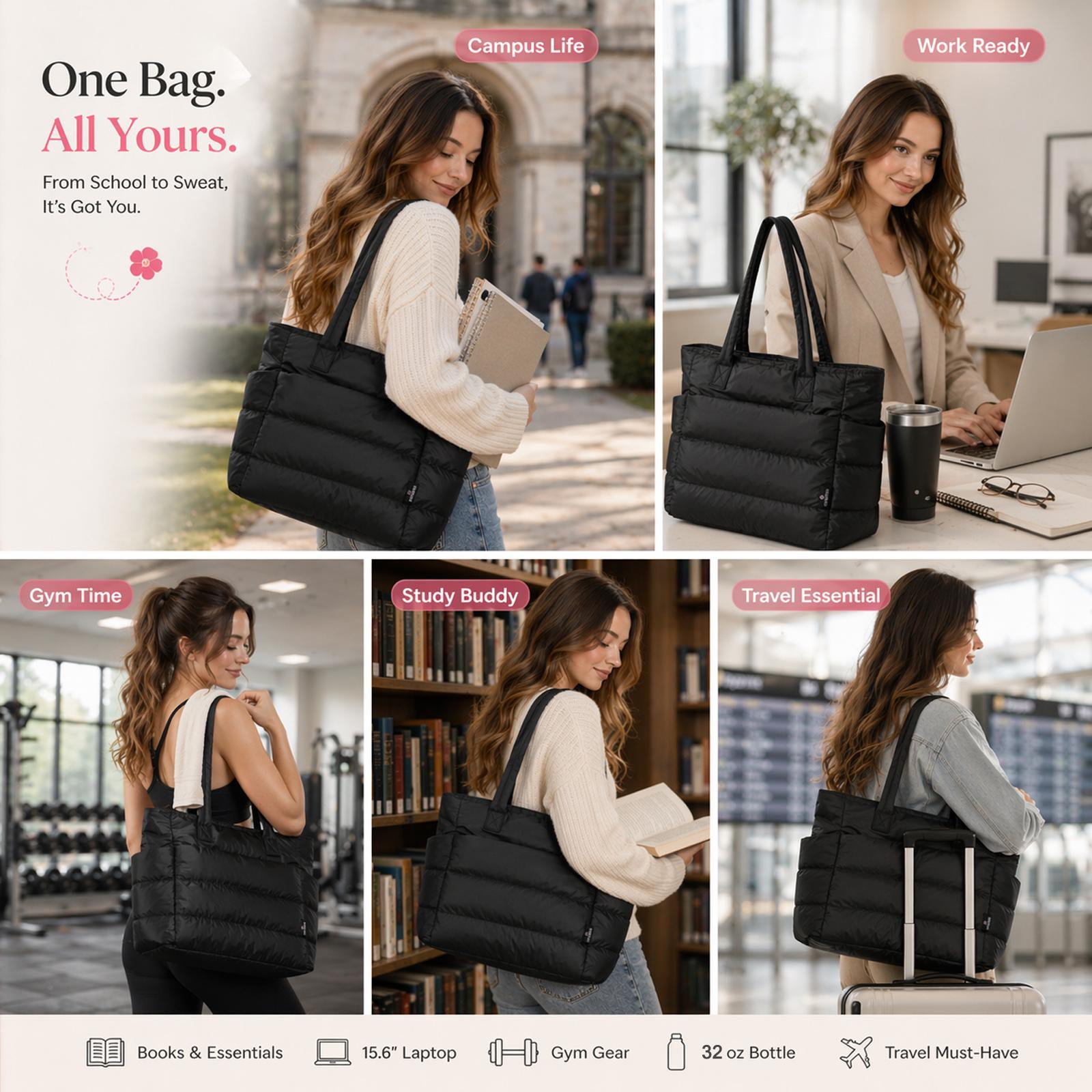 [SummerVibes] CozyLoucia Cute Puffer Tote Bag for Women Pink Flower Print Interior Laptop Shoulder Handbag, Lightweight Best Tote Bag for Work with Multiple Compartments for Travel , Work  and School, Quilted Puffer Bag, Gifts For Women summerwins