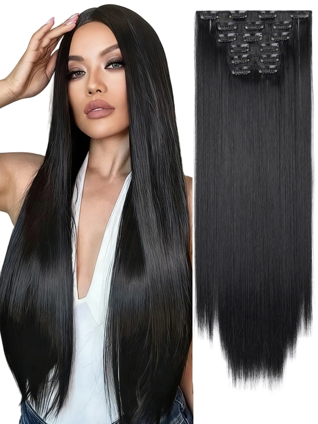 6 Pcs Clip In Hair Extensions Set, Long Straight Heat Resistant Synthetic Hair, Natural Invisible Soft Hairpieces for Women, Daily & Festival Use, Invisible Clip Ins