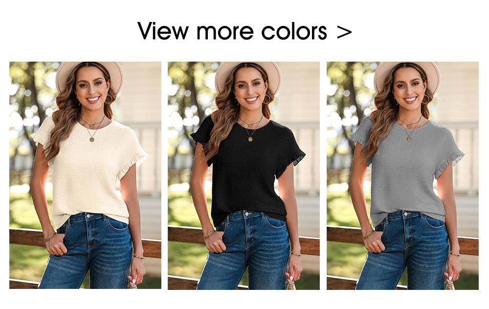 Shewin 2026 Spring/Summer Outfit Womens Short Sleeve Tops Round Neck Ruffle Casual Textured Work T Shirts Tee Blouse Basic Fitted Crewneck - Womenswear SpringStatements