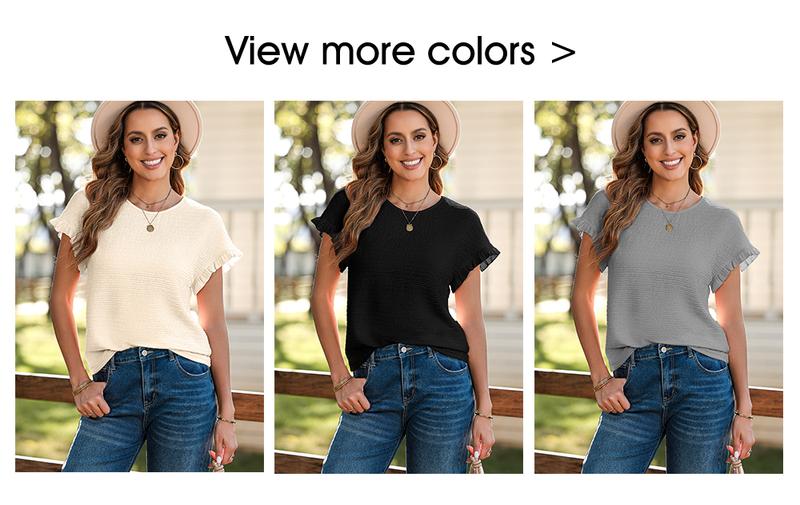Shewin 2026 Spring/Summer Outfit Womens Short Sleeve Tops Round Neck Ruffle Casual Textured Work T Shirts Tee Blouse Basic Fitted Crewneck - Womenswear