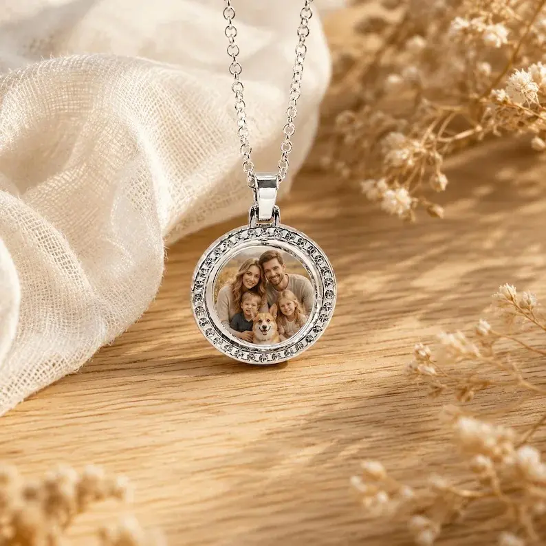 Personalized Double-Sided Photo Necklace, Halloween Christmas Gift, Rotating Round Pendant, Custom Family or Pet Picture Gift, Memories Gift
