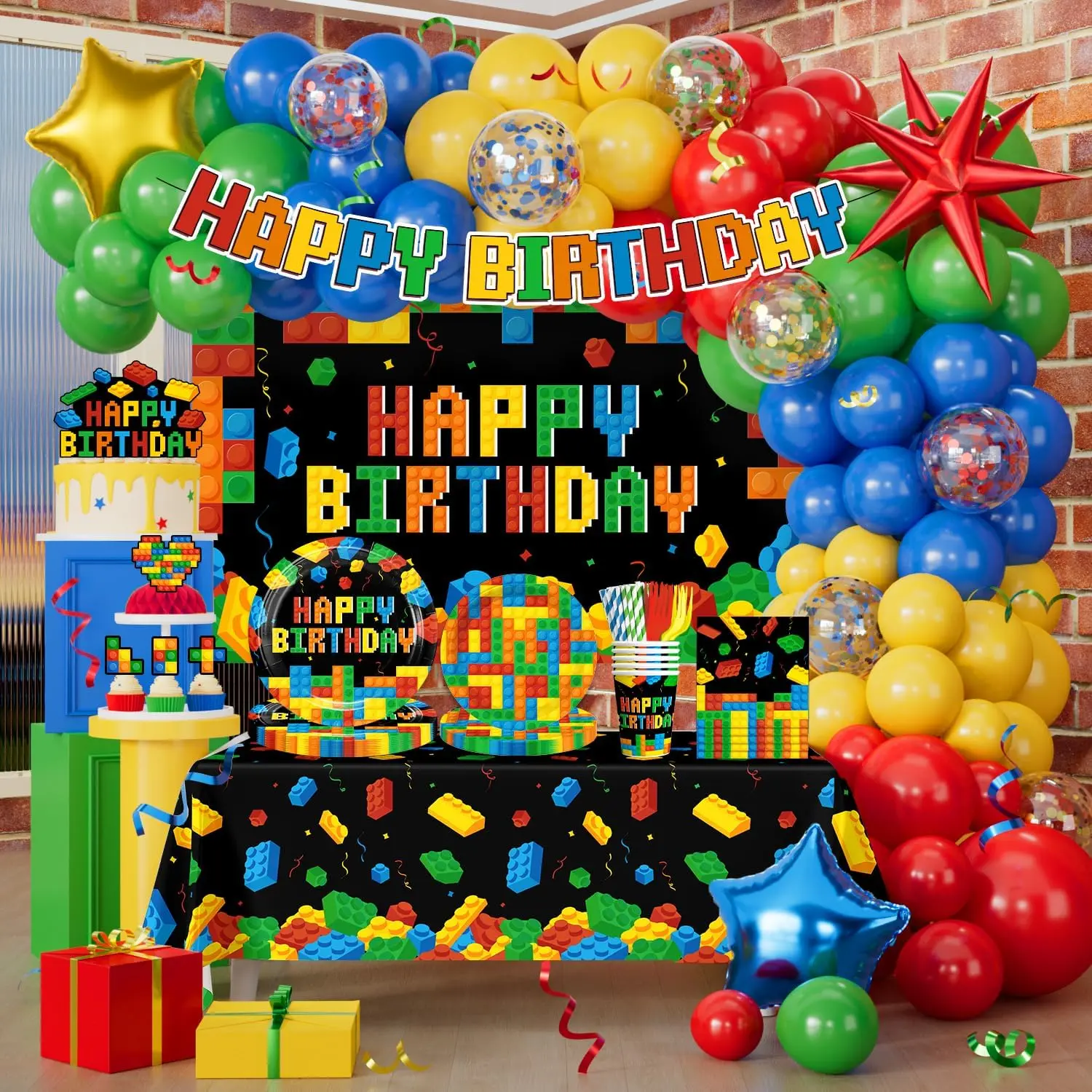 310PCS Building Block Birthday Decorations Serves 25| Includes balloon garland, backdrop, tableware, banner and cake toppers for a colorful building block birthday party setup