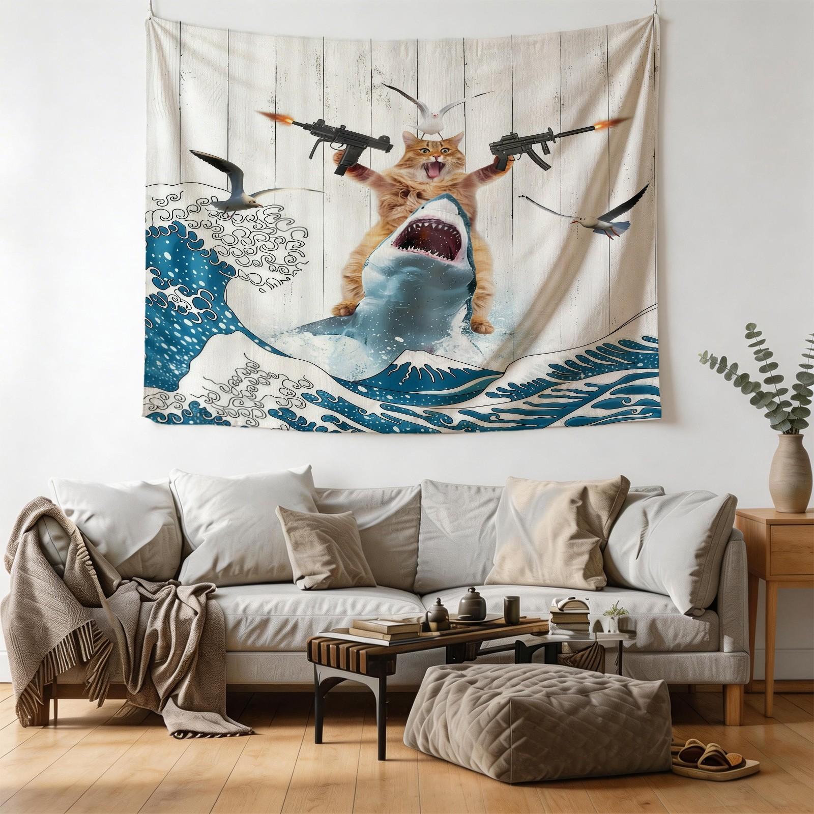 Funny Animal Surfing Theme Tapestry, Creative and Practical, Perfect for Living Room, Bedroom, Dorm, Fashionable and Fun Decor