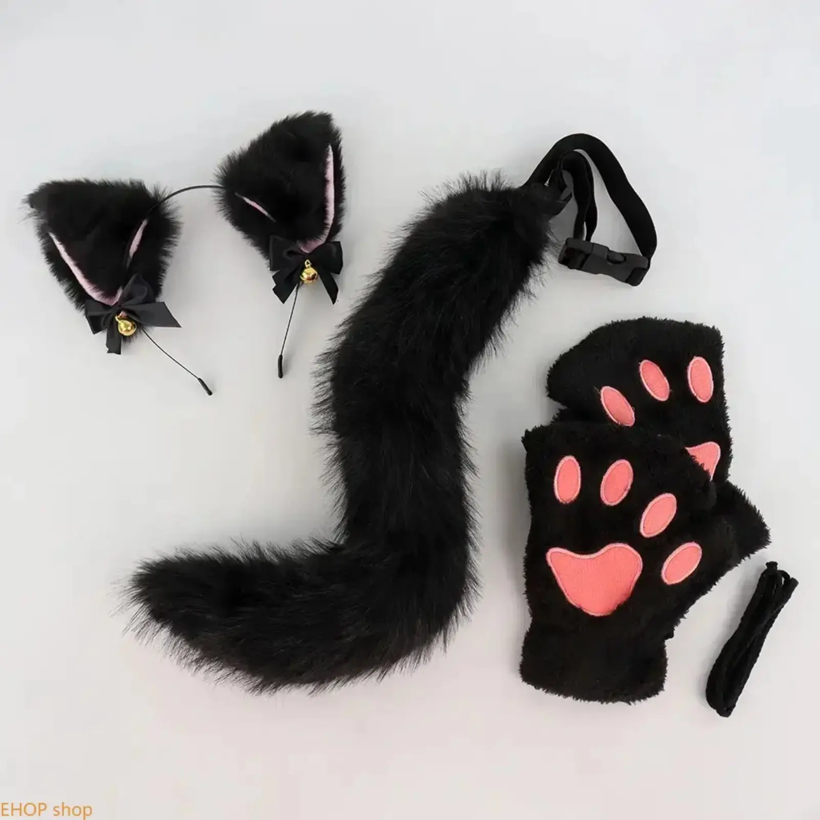 Black Cat Costume Accessories for Women, Fluffy Cat Ear Headband, Gloves and Tail Set, Cute Furry Cosplay Outfit for Halloween Parties, Costume Events, Dress Up, Photo Props and Festivals