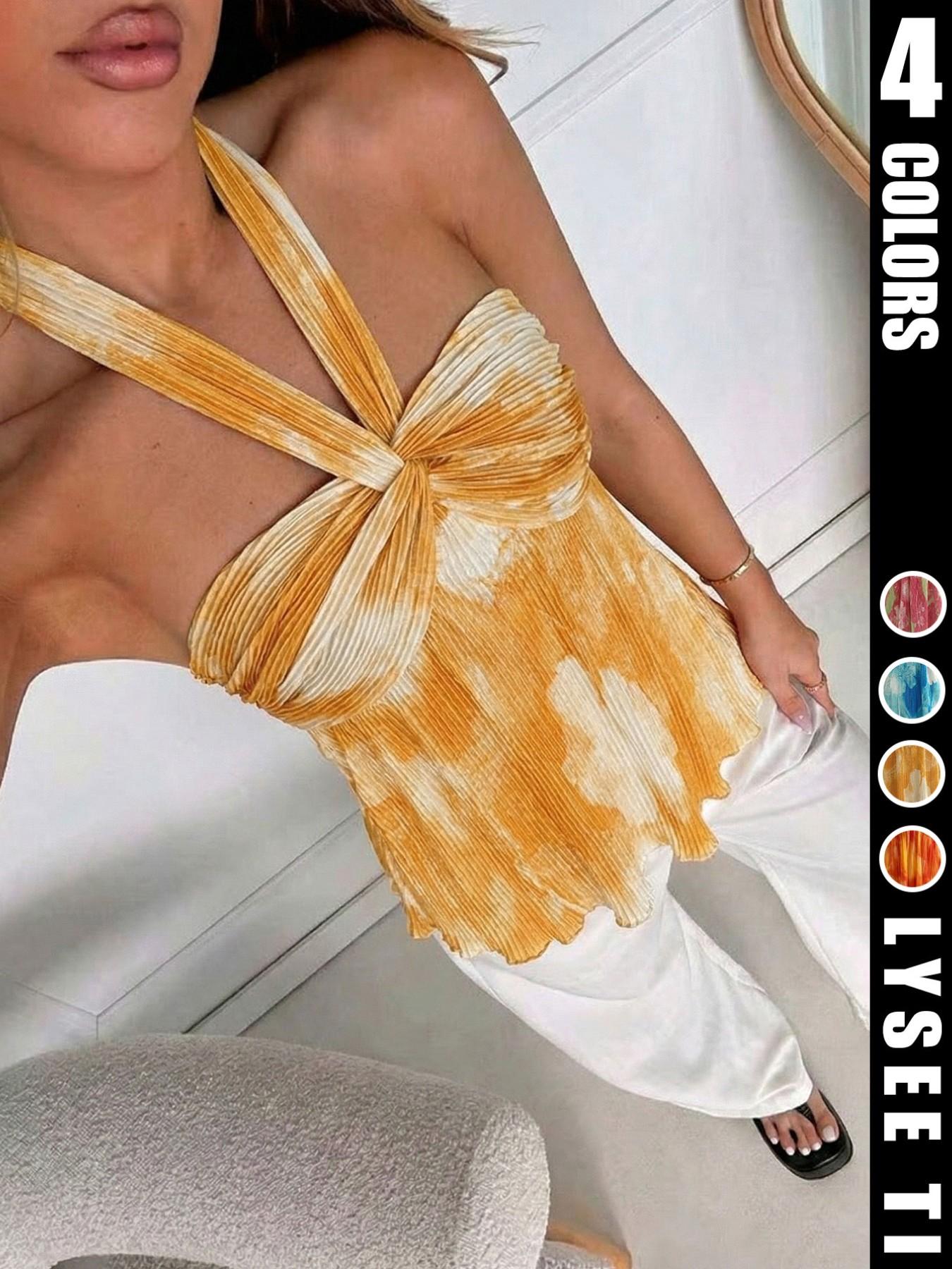 Women's Summer Sexy Vacation Gradient Color Backless Halter Top, Stylish Chic Ruched Design, Perfect for Casual Wear