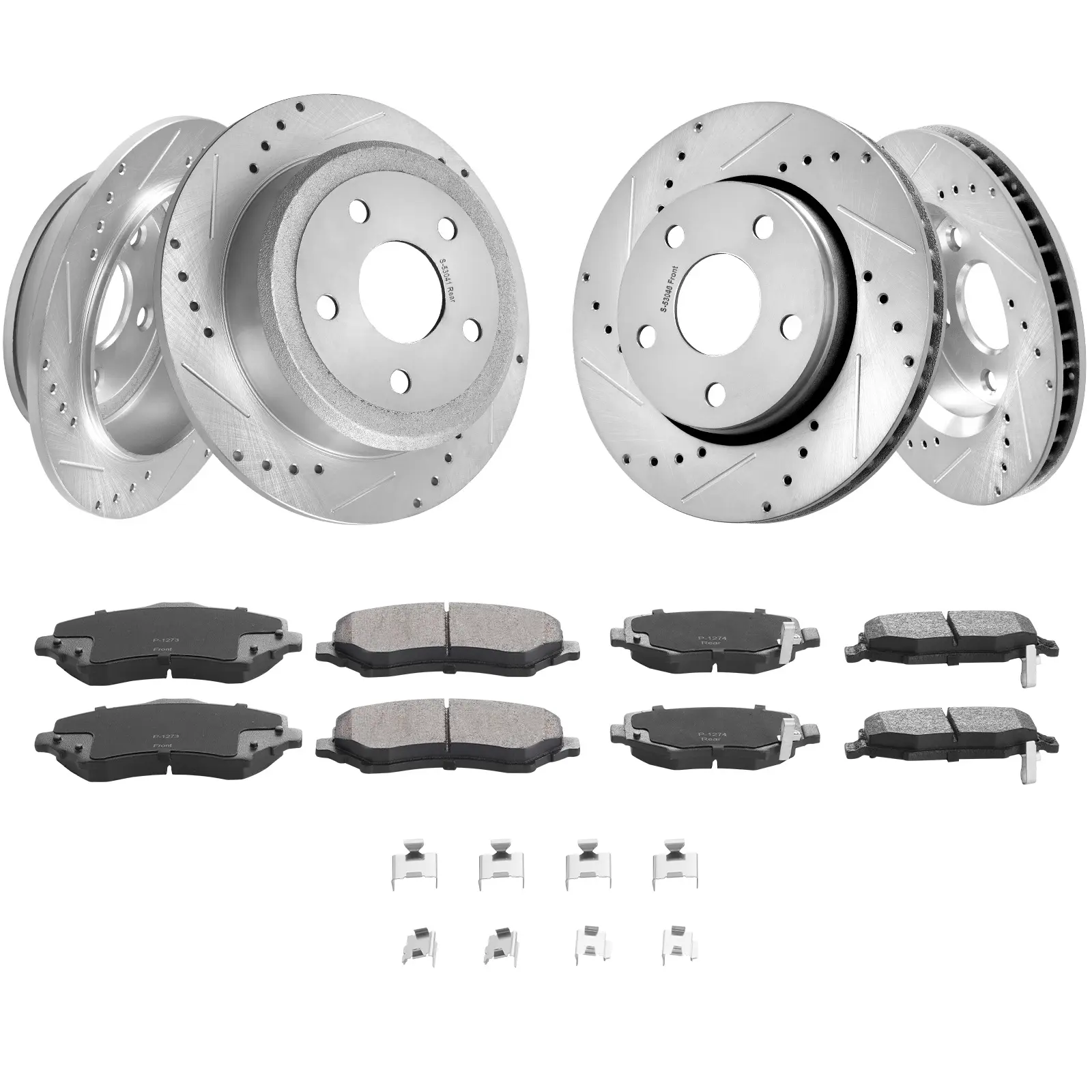 Front and Rear Brake Kit Compatible with 2007-2017 Jeep Wrangler, Drilled and Slotted Brake Rotors Ceramic Brake Pads Replacement, 11.9" Front Rotors 12.4" Rear Rotors