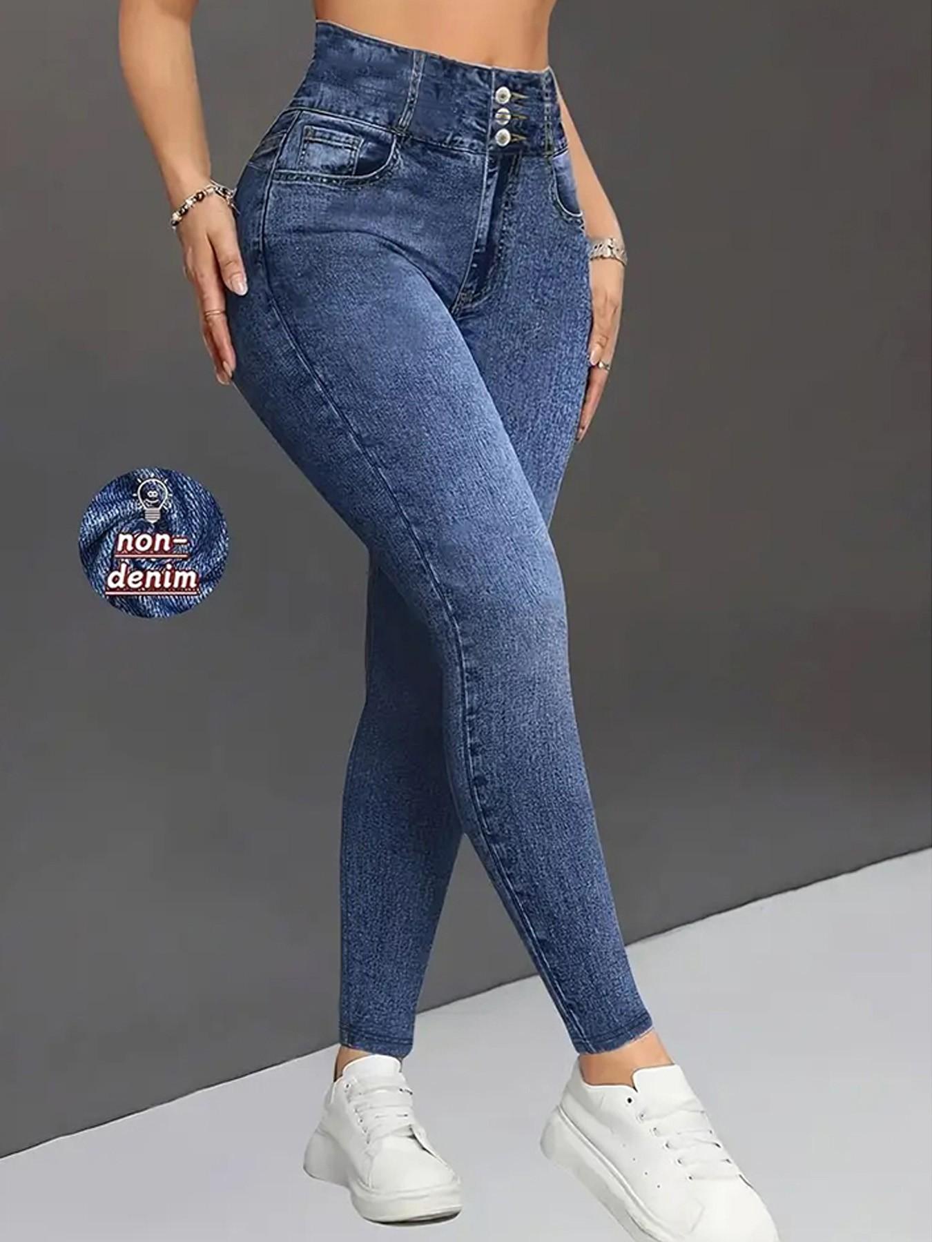 Women High-Waisted Stretch Denim-Style Pants, All-Seasons Slim-Fit Leggings, Breathable & Comfortable, Casual Sporty Style，faux denim fabric