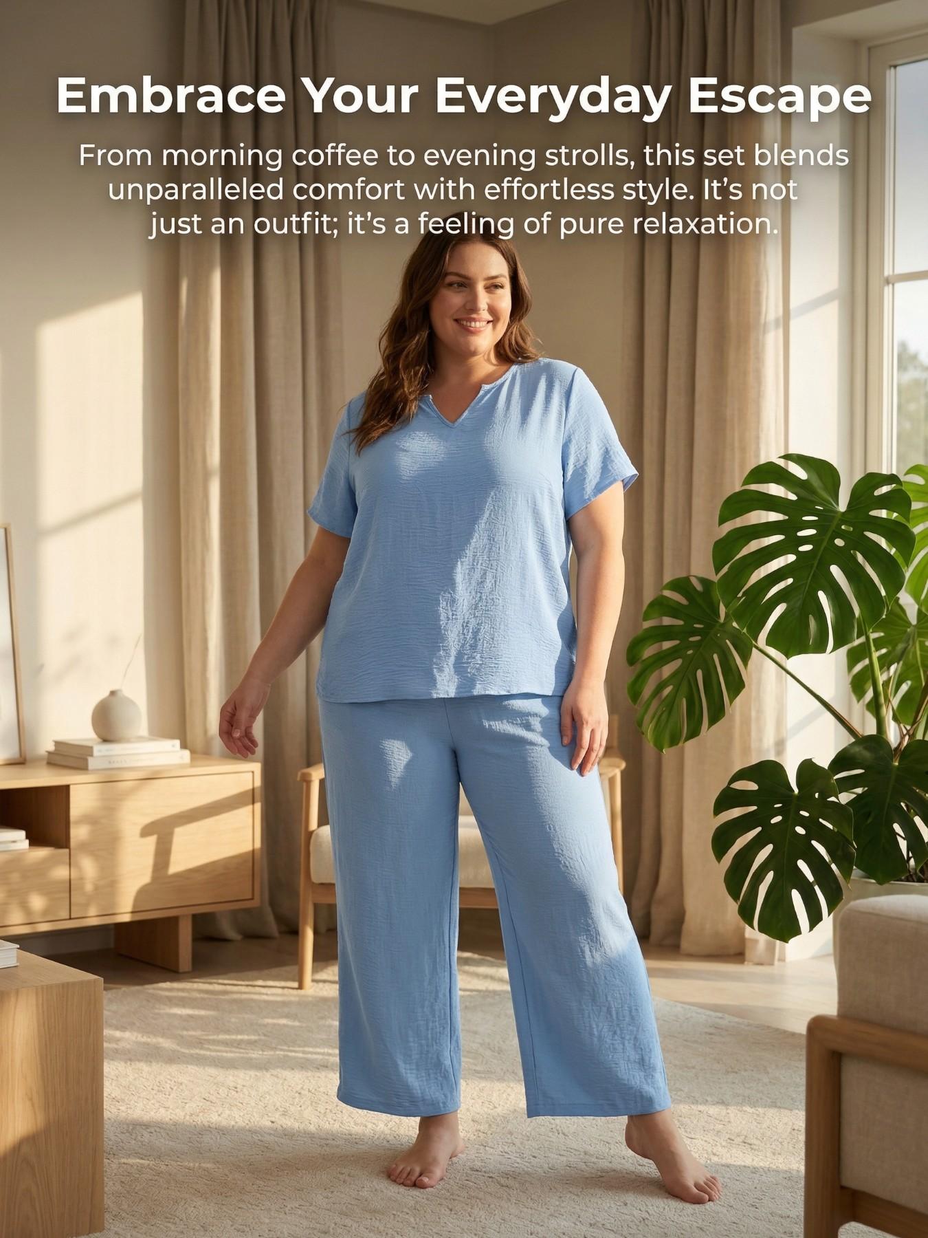 Plus Size Elegant Minimalist Women's Solid Color Short Sleeve Fashion Top & Casual Wide Leg Pants Set for Summer, Lounge Pants Set, Everyday Comfortable & Stylish, Lady Womenswear, Style, Fit, Clothes